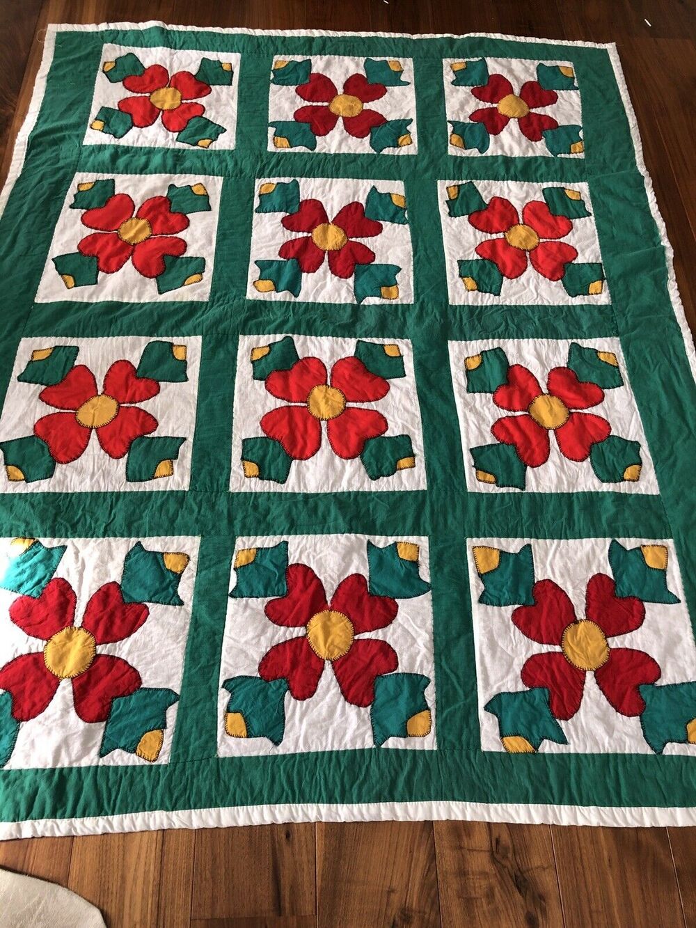 Vintage Hand Made Quilt Rose of Sharon Green, Red 76 x 60 ½